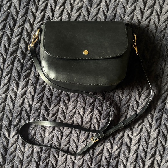 Handbags - Black Leather Crossbody Bag with Gold Hardware